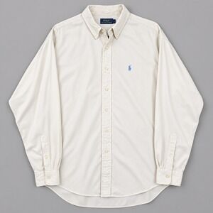 Ralph Lauren Mens XL Button Down Shirt Cream Cotton Long Sleeve Blue Pony Logo